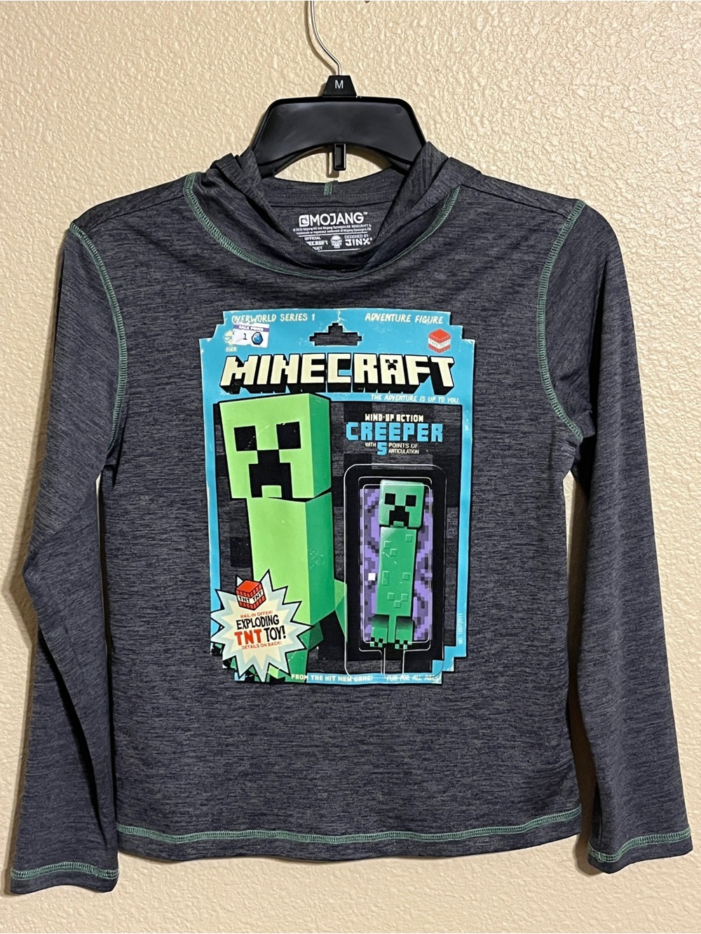 Mojang Official Minecraft Kids' Charcoal Gray Long Sleeve Creeper Hoodie Tee